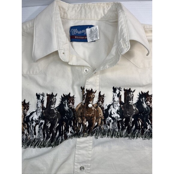 Wrangler Men’s Vintage Western Running Horses Pearl Snap 90s Shirt Size Large - Picture 6 of 9